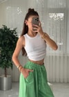 Erato Yeşil Tasarım Keten Kargo Cep Pantolon