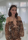 Flora Bağlama Detaylı Uzun Yırtmaçlı Leopar  Desenli Elbise