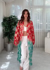 Golden Bloom Kırmızı Mint Altın Desenli Bohem Kimono