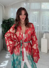Golden Bloom Kırmızı Mint Altın Desenli Bohem Kimono