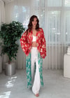 Golden Bloom Kırmızı Mint Altın Desenli Bohem Kimono