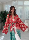 Golden Bloom Kırmızı Mint Altın Desenli Bohem Kimono