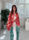 Golden Bloom Kırmızı Mint Altın Desenli Bohem Kimono