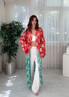 Golden Bloom Kırmızı Mint Altın Desenli Bohem Kimono