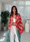 Golden Bloom Kırmızı Mint Altın Desenli Bohem Kimono