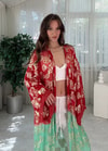 Golden Bloom Kırmızı Yeşil ı Altın Desenli Bohem Kimono