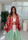 Golden Bloom Kırmızı Yeşil ı Altın Desenli Bohem Kimono