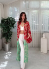 Golden Bloom Kırmızı Yeşil ı Altın Desenli Bohem Kimono