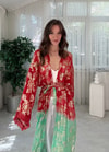 Golden Bloom Kırmızı Yeşil ı Altın Desenli Bohem Kimono