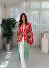 Golden Bloom Kırmızı Yeşil ı Altın Desenli Bohem Kimono