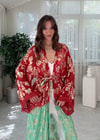 Golden Bloom Kırmızı Yeşil ı Altın Desenli Bohem Kimono