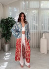 Golden Bloom Mavi Kırmızı Altın Desenli Bohem Kimono