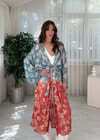 Golden Bloom Mavi Kırmızı Altın Desenli Bohem Kimono