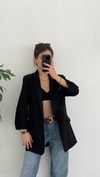 Helen Siyah Premium Kol Katlamalı Poliviskon Blazer 