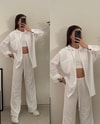 İris Beyaz Oversize Tek Cep Keten Gömlek 
