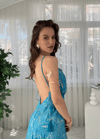 Maris Etnik Desen Mavi İpek Bohem Elbise