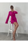 Pembe Keten Bel Detaylı Keten Elbise