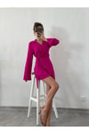 Pembe Keten Bel Detaylı Keten Elbise