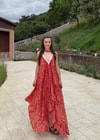 Rajani Etnik Desen Asimetrik Hint İpeğ Nar Çiçeğii Elbise
