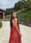 Rajani Etnik Desen Asimetrik Hint İpeğ Nar Çiçeğii Elbise