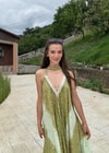 Rajani Etnik Desen Asimetrik Hint İpeği Yeşil Elbise