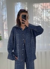 Roxy Lacivert Leopar Desen Bol Paça Saten Pantolon