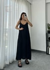 Siyah Cep Detaylı Midi Boy Askılı Elbise