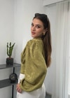V Yaka Uzun Kol Altı Düğmeli Desenli Yağ Yeşili Bluz 