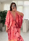 Vanessa Etnik Desen Pembe Yarım Kol İpek Elbise 