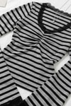 Antrasit Siyah Çizgili Dantel Detaylı Vintage Y2K Uzun Kollu Crop