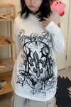 Beyaz Abstract Pattern Gotik Y2K Uzun Kollu Off-Shoulder T-Shirt 