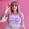 Beyaz Barbie Pembe Kollu Yarım T-Shirt