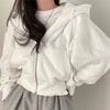 Beyaz Crop Top Kalın Kumaş Fermuarlı Kapüşonlu Sweatshirt