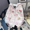Beyaz Hello Kitty Baskılı Fermuarlı Kapüşonlu Sweatshirt
