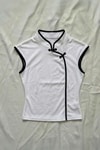 Beyaz Mandarin Yaka Kırmızı Şeritli Qipao Y2K Kısa Kollu Crop
