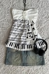 Beyaz Nota Desenli Y2K Straplez Crop