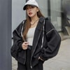 Beyaz Şerit Detaylı Siyah  Kalın Kumaş Fermuarlı (Unisex) Kapüşonlu Sweatshirt