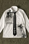Beyaz Skull Gotik Siyah Zincir Baskılı Kravatlı Grunge Y2K Unisex Uzun Kollu Gömlek
