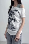 Beyaz Vintage Lost Omuz Dekolteli Y2K Kısa Kol Off-Shoulder T-Shirt