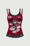 Bordo Gotik Coquette Love Dantel Detaylı Y2K Askılı Crop
