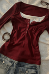 Bordo Henley Yaka Ekli Y2K Uzun Kollu Crop