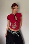 Bordo Mandarin Yaka Ejderha Motifli Vintage Qipao Y2K Kısa Kollu Crop
