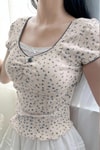 Ekru Büzgülü Mavi Çiçekli Desen Lolita Yarım T-Shirt