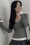 Füme Dantelli Fiyonklu Ekli Y2K Uzun Kollu Crop 