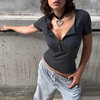Füme Düğmeli Yaka Yarım T-Shirt