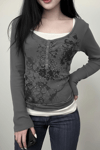 Füme Gotik Flower Ekli Düğmeli Grunge Y2K Uzun Kollu Crop