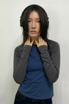 Füme Raglan Kollu Lacivert Basic Y2K Uzun Kollu Crop 