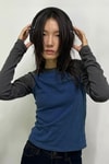 Füme Raglan Kollu Lacivert Basic Y2K Uzun Kollu Crop 