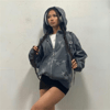 Füme Vintage Yıldız Baskılı Fermuarlı Kapüşonlu Sweatshirt