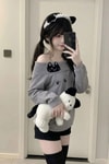 Gri Kawai Cat Harjauku Y2K Uzun Kollu Off Shoulder